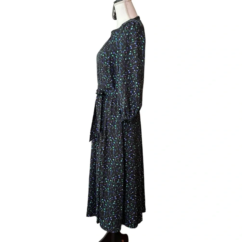 DKNY Belted Long Sleeve crepe de chine midi dress SZ 4 Black Multicolor Print - Picture 5 of 9